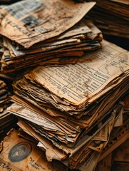 Wall Mural - Old newspapers, receipts, sketches in a pile view from above