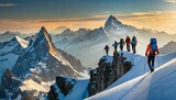Fototapeta Natura - Sporty hiking and magnificent snowy mountains by a group of professional mountaineers