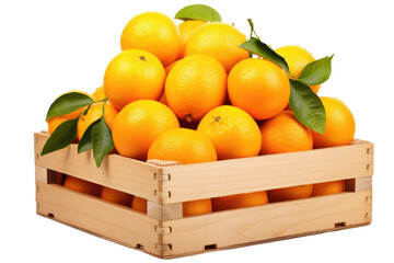 A wooden crate filled with a bountiful quantity of fresh oranges, ready for transport or sale. on a White or Clear Surface PNG Transparent Background.