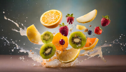 Juicy fresh mixed fruit splash falling