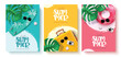 © Zeinous - Summer hello text vector poster set. Hello summer greeting text with surfboard, luggage and floaters beach elements for tropical season promotion background. Vector illustration summer greeting design