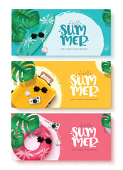 Sticker - Hello summer text vector banner set. Summer hello greeting text with beach elements in  blue, yellow and pink background design collection. Vector illustration summer greeting banner collection. 
