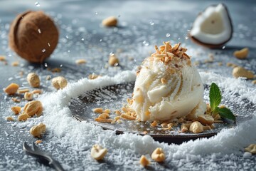 closeup of a scoup of coconut icecream topped with nuts