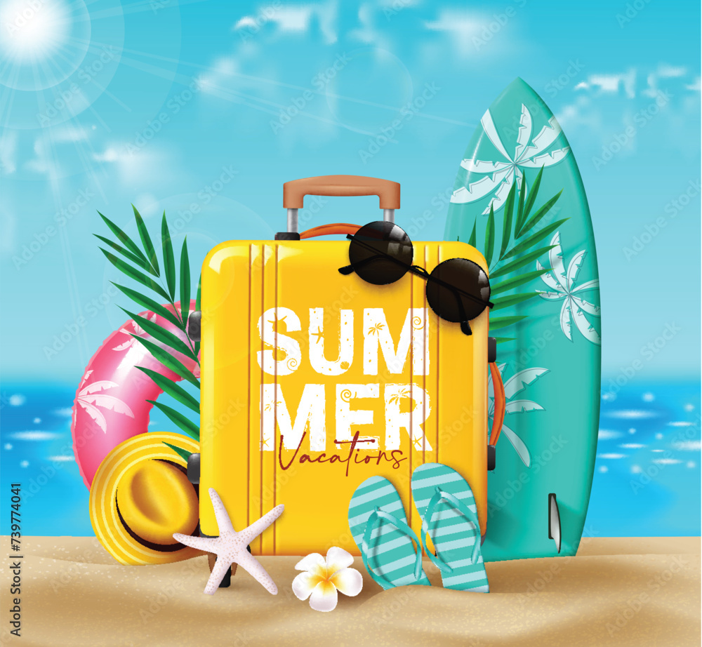 Summer travel luggage vector design. Summer vacation text in yellow ...