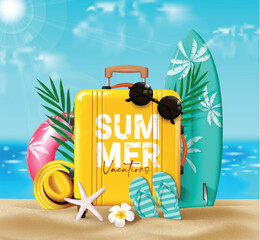 Wall Mural - summer travel luggage vector design. summer vacation text in yellow suitcase with surfboard, floater
