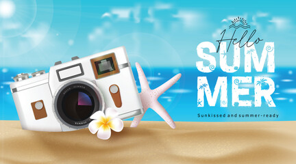 Wall Mural - Summer hello greeting vector banner. Hello summer greeting text with camera travel elements in beach seaside background for tropical season vacation design. Vector illustration summer greeting banner.