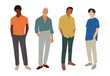 Set of stylish multiracial men different ages wearing summer smart casual office outfits. Handsome Business men characters standing in modern clothes. Vector realistic people illustrations isolated.