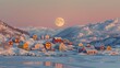 serene winter night with glowing full moon above snow-covered coastal houses