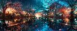 Fototapeta Fototapeta Londyn - Heavenly night city in the spring with blooming trees and reflections on the road Generative Ai