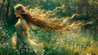 Alone Young woman with long fluttering hair express emotions in forest on a sunny windy day,