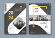 © Craftsman_s - Abstract a4 brochure cover design. Ad text frame. Urban city view font. Title sheet model. Modern vector front page. Brand logo. Banner texture. Black, white ring figure, Yellow line icon. Flyer fiber
