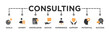 © Good Wife - Consulting banner web icon vector illustration concept for business consultation with an icon of goals, expert, knowledge, advice, experience, support, potential, and success