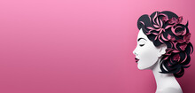 International Womens Day Banner 2024, Cartoon Women Lady Side Face, Pink Background, Space For Texts Copy Space