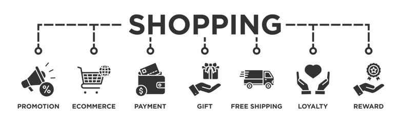 Shopping banner web icon vector illustration concept with icon of promotion, ecommerce, payment, gift, price, free shipping, loyalty, reward