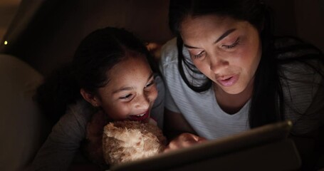 Wall Mural - Mother, child and tablet at night in dark for online entertainment or streaming cartoons, reading or games. Parent, kid and teddy bear in fort for fantasy play in apartment or fun, love or connection