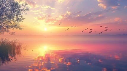 Wall Mural - Serenity at Dawn's Light - A tranquil sunrise over a calm lake with birds in flight creates a peaceful atmosphere