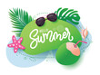 Hello summer text vector template. Summer hello greeting text with coconut drink, starfish, sunglasses and palm leaves decoration elements. Vector illustration summer greeting design. 

