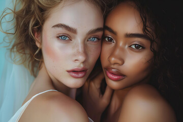 Wall Mural - Two beautiful model girls of different ethnicities looking at the camera together. Commercial beauty and skincare portrait.