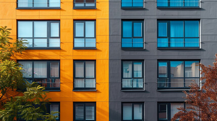 Sunlit modern apartment facade with reflections.