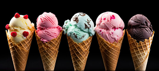 Wall Mural - Set of various ice cream scoops in waffle cones. isolated on black background