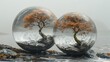 © DZMITRY - crystal spheres with trees inside are lined up side by side against a blurry natural background. reflects a separate phase of tree development from autumn to winter.