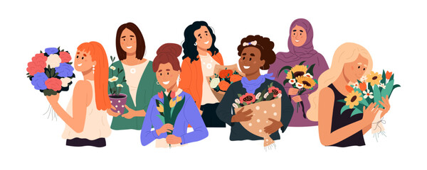 Diverse women holding bouquets of flowers. 8 March International Women's Day celebration concept. Female diversity with spring blooms. Flat vector illustration isolated on white background
