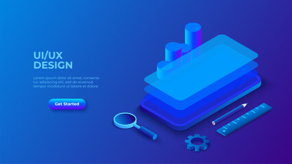 Wall Mural - isometric dark blue illustration. ux ui isometric design concept with smartphone. landing page templ