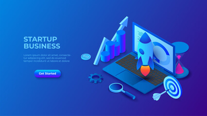 Poster - Isometric dark blue illustration. Startup business design concept with rocket, laptop and hourglass. Landing page template for web