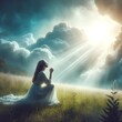Young lady praying with heavenly light coming down from the clouds