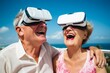 Virtual reality an elderly Caucasian couple, both aged 70, revisiting their honeymoon destination virtually for their anniversary