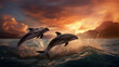 Two beautiful dolphins jumping over waves destroying the Hawaiian Pacific Ocean wildlife scenery. Marine animals