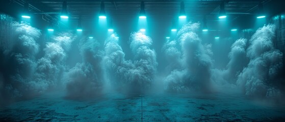 Wall Mural - Lights from stadium arenas, smoke bombs, an empty dark scene, neon lights, spotlights, textured concrete, smoke moving up the interior texture, night view for display products.