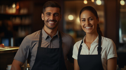 Wall Mural - In a cozy café setting, a waiter and waitress stand together, their smiles welcoming and infectious