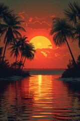 Poster - Travel, tourism, vacation concept background. Mexico. Paradise scene of Caribbean island with gorgeous coconut palm silhouettes over orange sun.