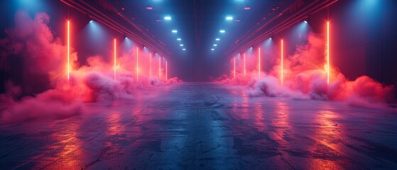 Canvas Print - Lights from stadium arenas, smoke bombs, empty dark scene, neon lighting, spotlights, concrete floor and studio room with smoke floating up the textures, night view of products for display.