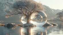 Crystal Spheres With Trees Inside Are Lined Up Side By Side Against A Blurry Natural Background. Reflects A Separate Phase Of Tree Development From Autumn To Winter.