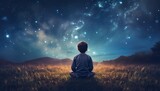 Fototapeta  - In the quiet of the night, a child looks up at the stars, symbolizing the endless possibilities and aspirations of childhood