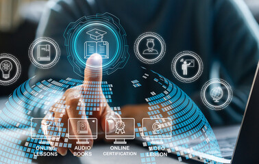 Wall Mural - human with technology internet learning and study online class webinar technology, e-learning, onlin
