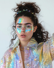 Wall Mural - Portrait of a woman with holographic makeup and shiny jacket