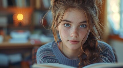 this girl is studying math during her online lesson at home, taking care of her social distance whil