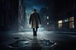 A detective follows the trail of a criminal along a dark street