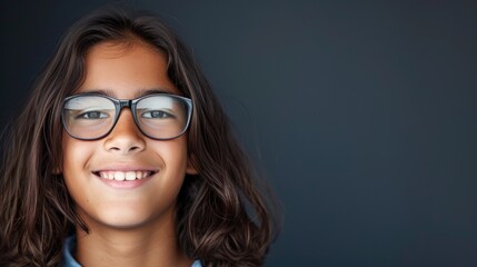 Wall Mural - Smiling young person with glasses and long hair.