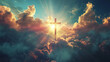 canvas print picture - Cross in the clouds and rays of sun, power of faith concept