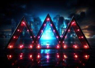 Wall Mural - Neon lights border of triangles on dark background, colorful lights with technological view.