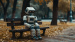 Lonely Robot sitting on bench in a park thinking about life