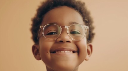 Wall Mural - A young child with a big smile wearing glasses against a warm-toned background.