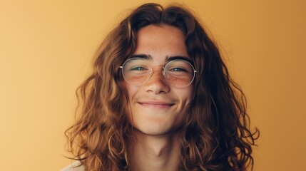 Wall Mural - Young man with long curly hair wearing glasses smiling against a yellow background.