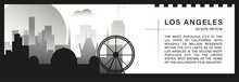  US Los Angeles Skyline Vector Banner, Black And White Minimalistic Cityscape Silhouette. USA California State Horizontal Graphic, Travel Infographic, Monochrome Layout For Website