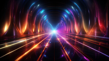 Wall Mural - Neon backgrounds with neon lights in a tunnel, colorful lights network