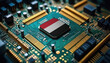 Yemen flag on a processor, CPU or microchip on a motherboard. Concept for the battle of global microchips production.